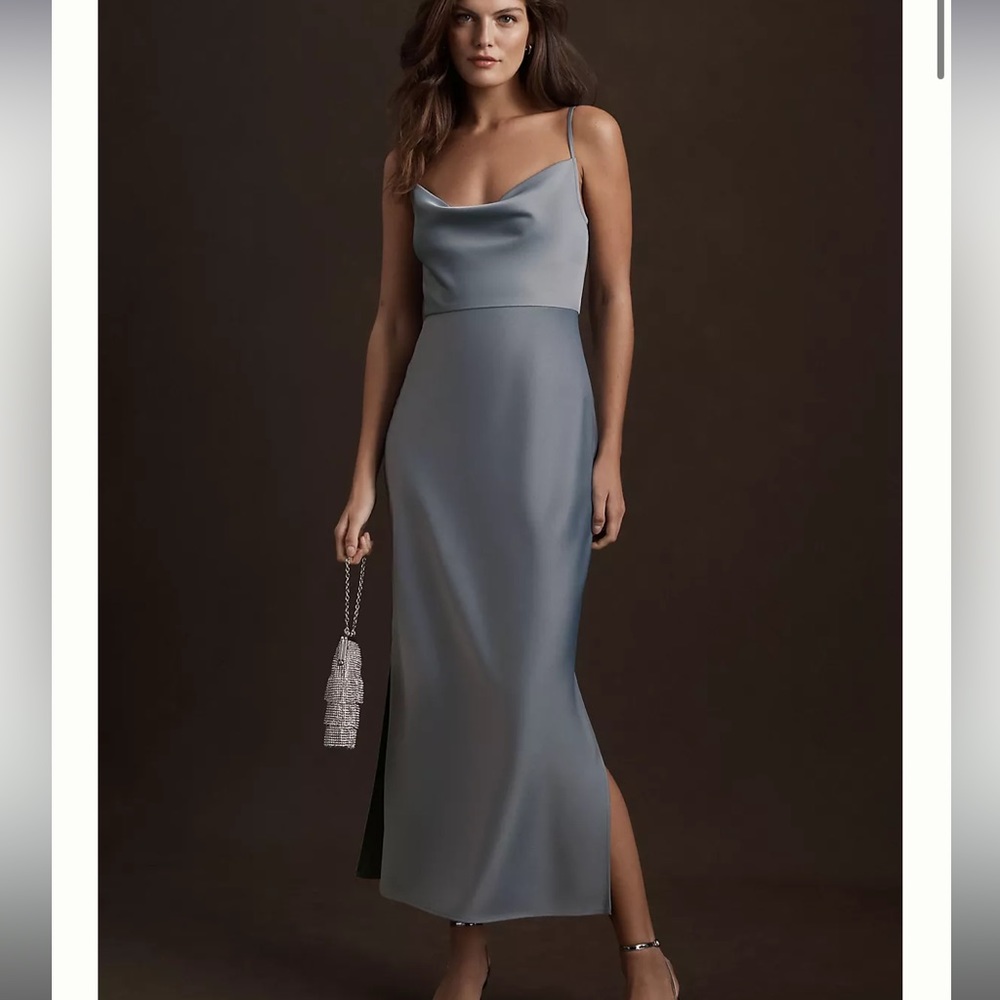 BHLDN Slate Blue Satin Cowl Neck Slip Dress
